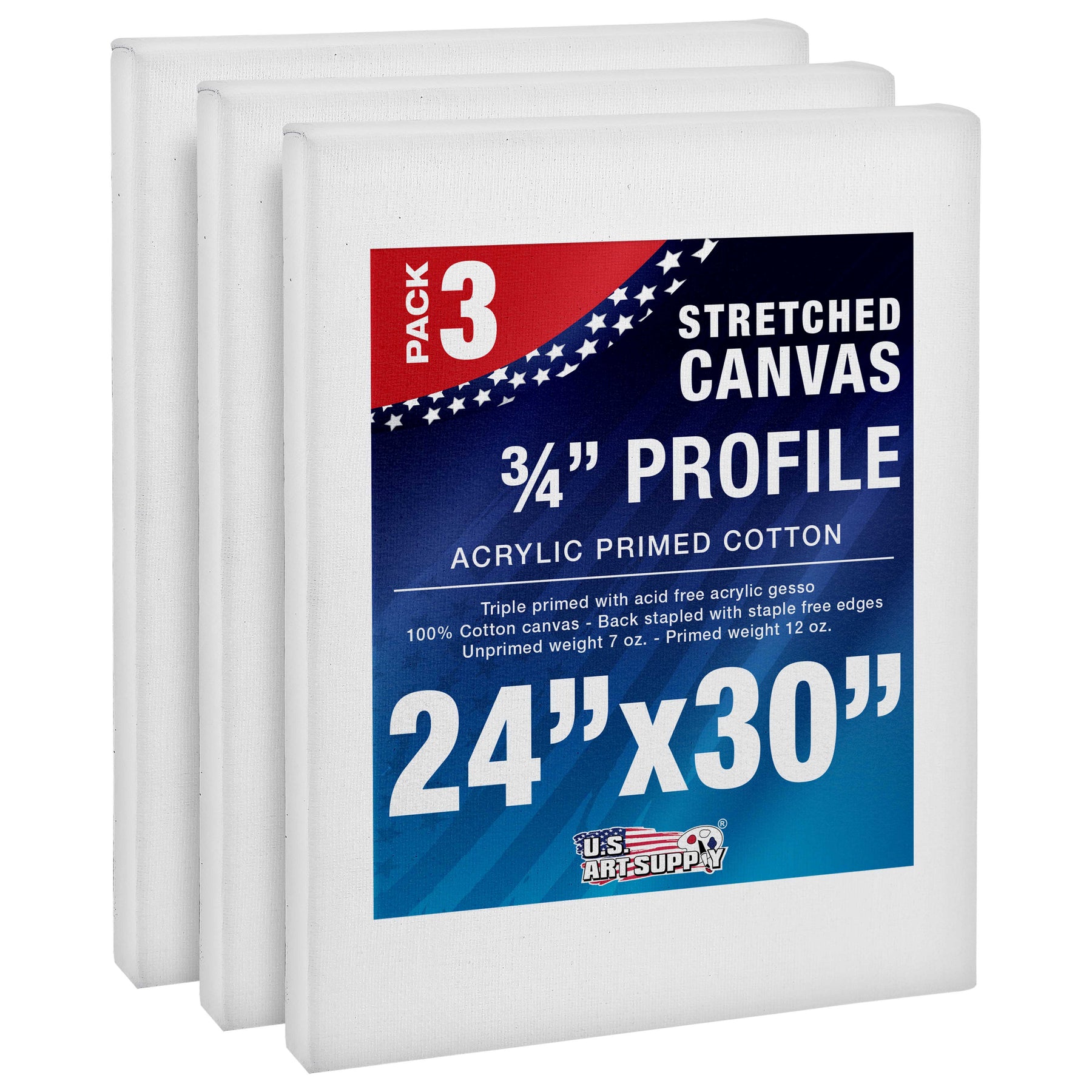 24 x 30 inch White Blank Stretched Canvas 12-Ounce Primed 3-Pack