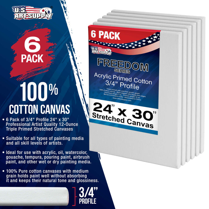 24 x 30 inch Stretched Canvas 12-Ounce Triple Primed, 6-Pack - Professional Artist Quality White Blank 3/4" Profile, 100% Cotton, Heavy-Weight Gesso