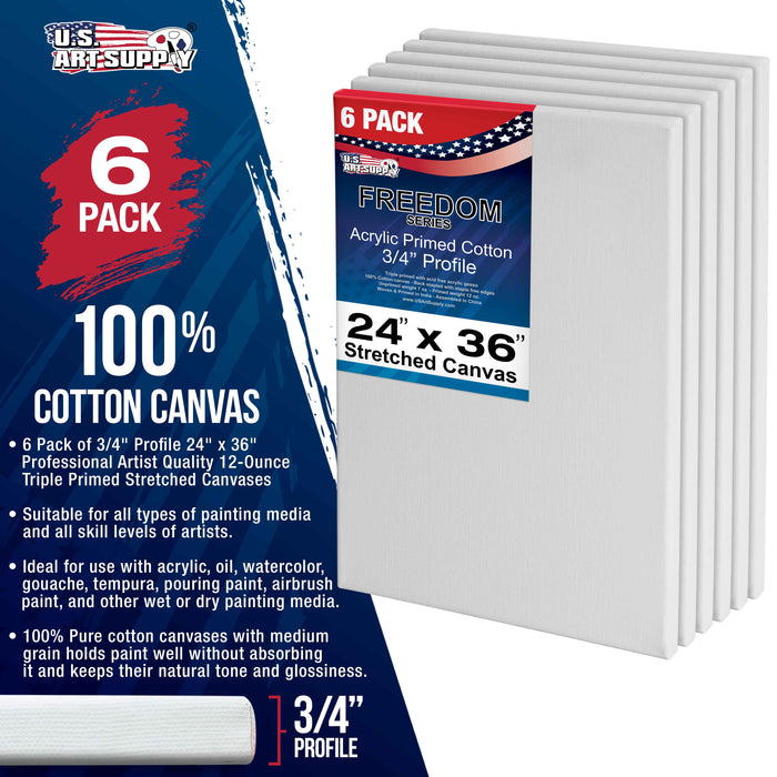 24 x 36 inch Stretched Canvas 12-Ounce Triple Primed, 6-Pack - Professional Artist Quality White Blank 3/4" Profile, 100% Cotton, Heavy-Weight Gesso