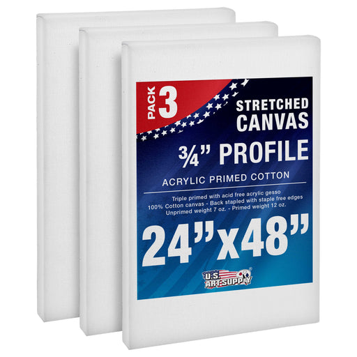 24 x 48 inch Stretched Canvas 12-Ounce Triple Primed, 3-Pack - Professional Artist Quality White Blank 3/4" Profile, 100% Cotton, Heavy-Weight Gesso