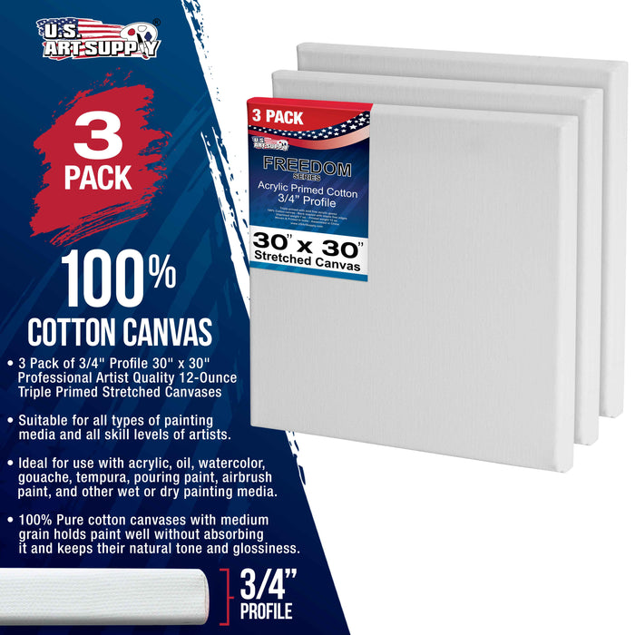 30 x 30 inch Stretched Canvas 12-Ounce Triple Primed, 3-Pack - Professional Artist Quality White Blank 3/4" Profile, 100% Cotton, Heavy-Weight Gesso