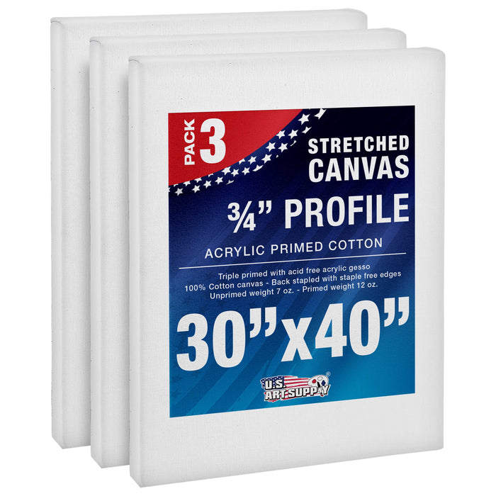 30 x 40 inch Stretched Canvas 12-Ounce Triple Primed, 3-Pack - Professional Artist Quality White Blank 3/4" Profile, 100% Cotton, Heavy-Weight Gesso