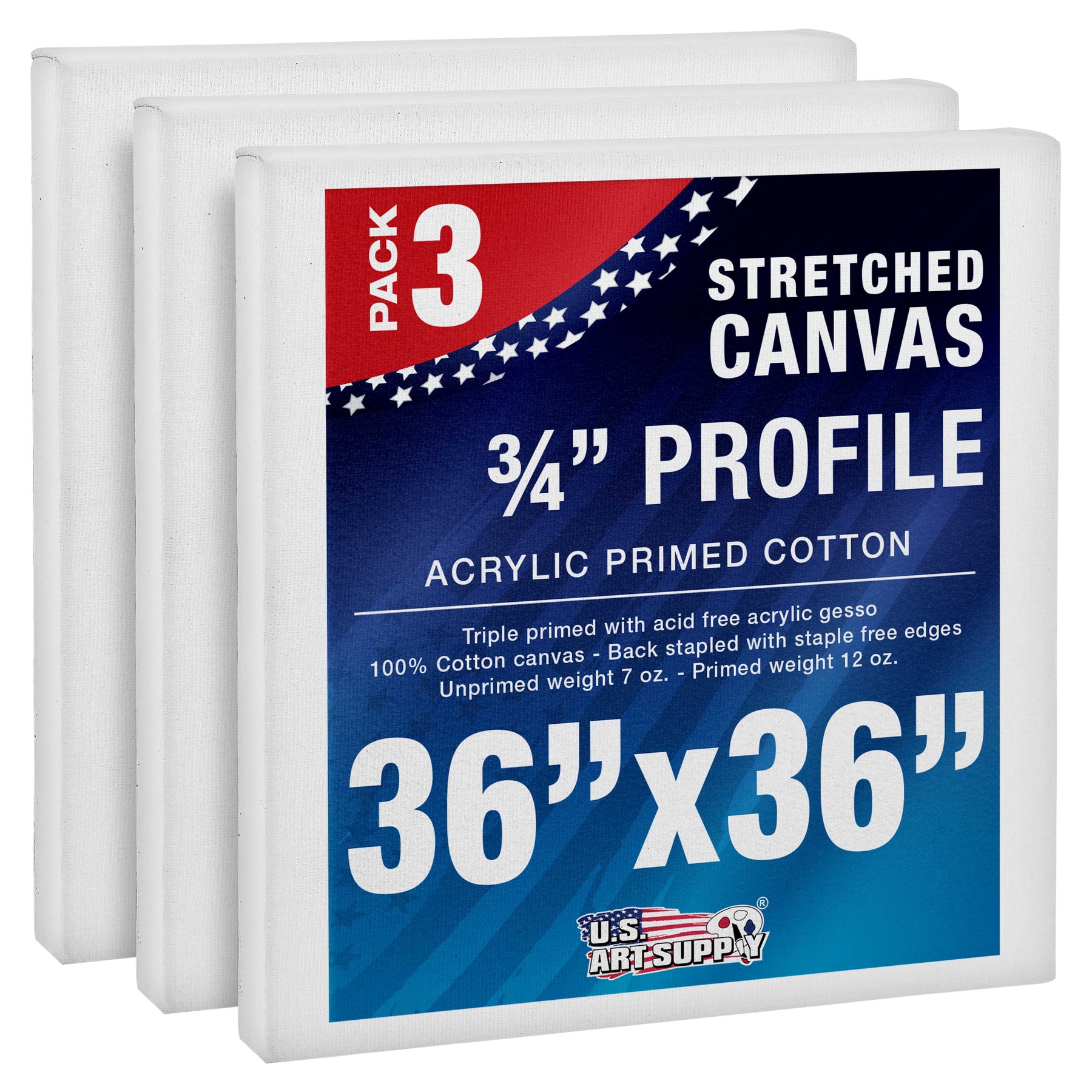 36 x 36 inch White Blank Stretched Canvas 12-Ounce Primed 3-Pack