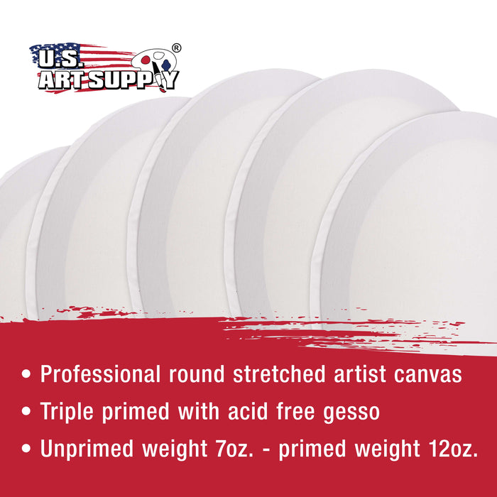 8 Inch Diameter Round 12 Ounce Primed Gesso Professional Quality Acid-Free Stretched Canvas (Pack of 6)