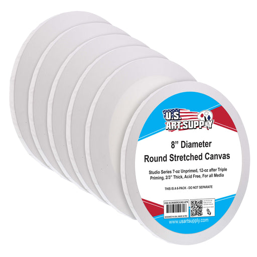 8 Inch Diameter Round 12 Ounce Primed Gesso Professional Quality Acid-Free Stretched Canvas (Pack of 6)