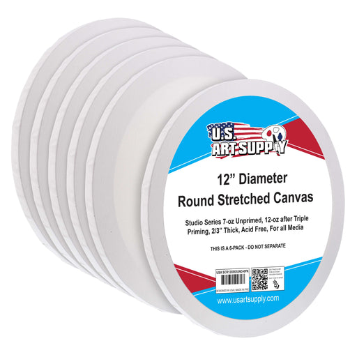 12 Inch Diameter Round 12 Ounce Primed Gesso Professional Quality Acid-Free Stretched Canvas (Pack of 6)