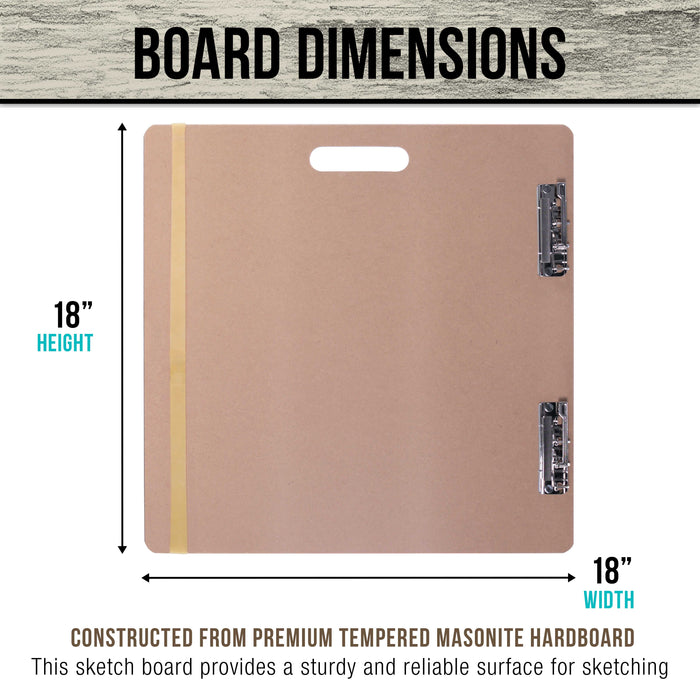 18" x 18" Artist Sketch Tote Board - Lightweight Hardboard Drawing Board with Handle, Clip & Rubber Band for Art, Sketching, Travel, Studio