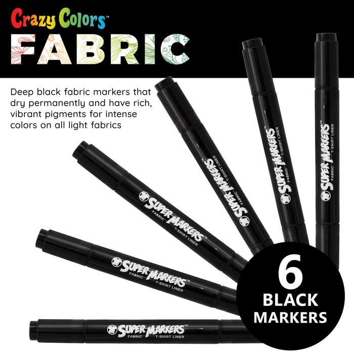 Super Markers Black Dual Tip Fabric & T-Shirt Markers, Set of 6 - Double-Ended Fabric Markers with Chisel Point and Fine Point Tips