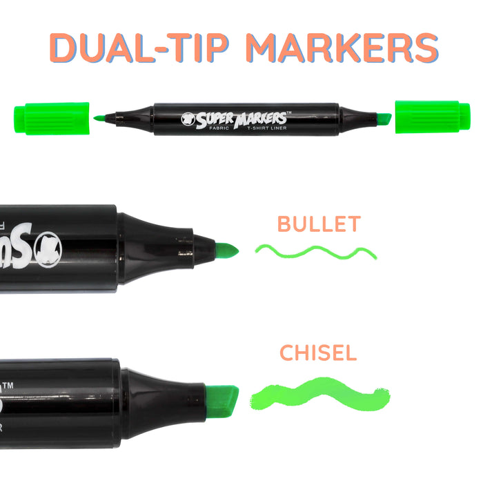 Super Markers 20 Unique Neon Colors Dual Tip Fabric & T-Shirt Marker Set - Double-Ended Fabric Markers with Chisel Point and Fine Point Tips