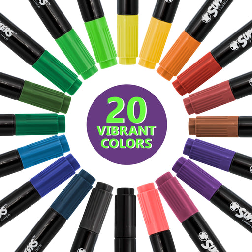 U.S. Art Supply Super Markers 20 Vibrant Dual Tip Fabric Markers - Fine & Chisel Point Pens Fabric Marker Permanent for Clothes, T-Shirts - Permanent Ink Eye-Catching Vibrant & Bold Colors