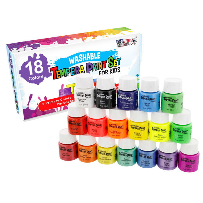 18 Color Children's Washable Tempera Paint Set - 2 Ounce Wide Mouth Bottles for Arts, Crafts and Posters