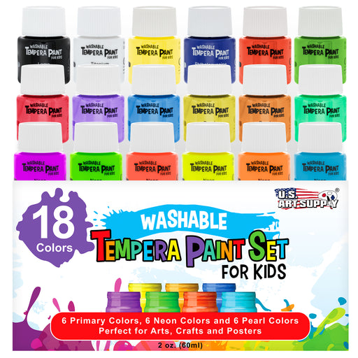 18 Color Children's Washable Tempera Paint Set - 2 Ounce Wide Mouth Bottles for Arts, Crafts and Posters