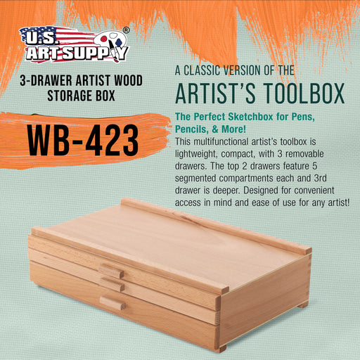 3-Drawer Artist Wood Pastel, Pen, Marker Storage Box - Elm Hardwood Construction, 5 Compartments per Drawer - Ideal for Pastels, Pens, Pencils, Charcoal, Blending Tools, and More