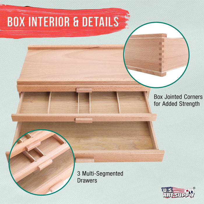 3-Drawer Artist Tool Supply Box with Multi Segmented Drawers - Hardwood Art Box for Artist Supplies, Brushes, Pencils, Erasers, Tool Storage Organizer Case