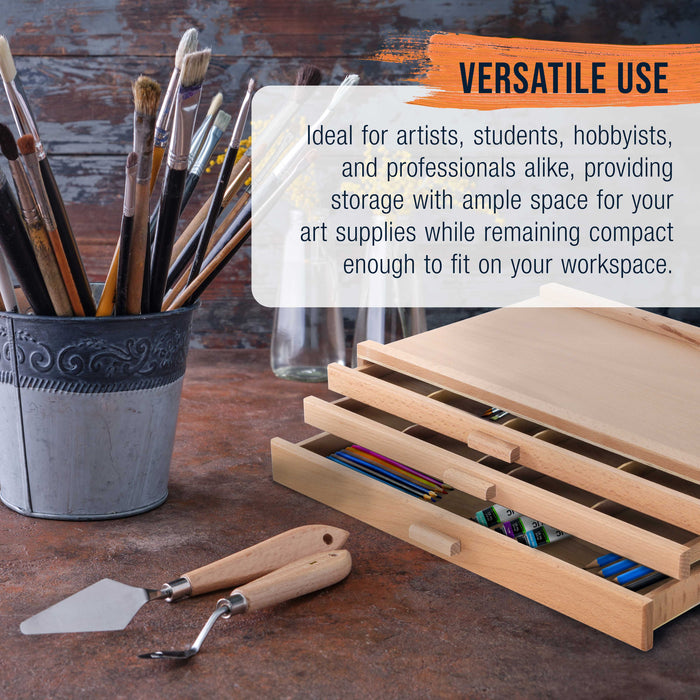 3-Drawer Artist Wood Pastel, Pen, Marker Storage Box - Elm Hardwood Construction, 5 Compartments per Drawer - Ideal for Pastels, Pens, Pencils, Charcoal, Blending Tools, and More