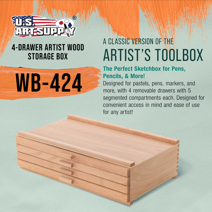 4-Drawer Artist Wood Pastel, Pen, Marker Storage Box - Elm Hardwood Construction, 5 Compartments per Drawer - Ideal for Pastels, Pens, Pencils, Charcoal, Blending Tools, and More
