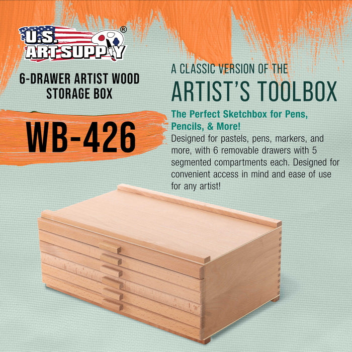 6-Drawer Artist Wood Pastel, Pen, Marker Storage Box - Elm Hardwood Construction, 5 Compartments per Drawer - Ideal for Pastels, Pens, Pencils, Charcoal, Blending Tools