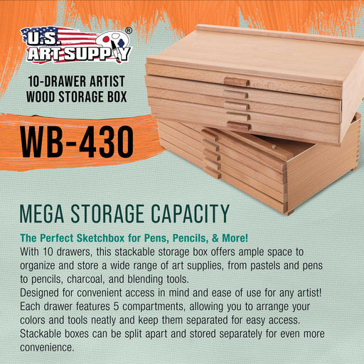 10-Drawer Artist Tool Supply Box with 5 Compartments per Drawer - Hardwood Art Box for Artist Supplies, Brushes, Pencils, Erasers, Tool Storage Organizer Case