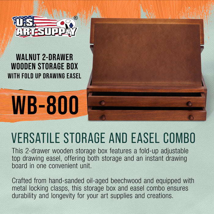 2-Drawer Artist Tool Supply Box with Locking Clasps & Fold-Up Drawing Easel - Walnut Color Art Box for Artist Supplies, Brushes, Pencils, Erasers, Tool Storage Organizer Case