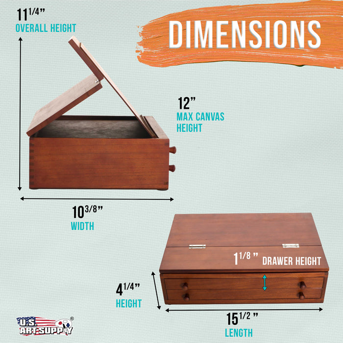 2-Drawer Artist Tool Supply Box with Locking Clasps & Fold-Up Drawing Easel - Walnut Color Art Box for Artist Supplies, Brushes, Pencils, Erasers, Tool Storage Organizer Case