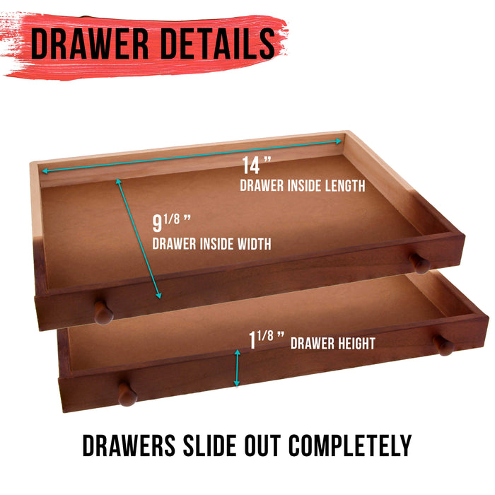 Walnut 2-Drawer Adjustable Wooden Storage Box with Fold Up Solid Drawing Easel