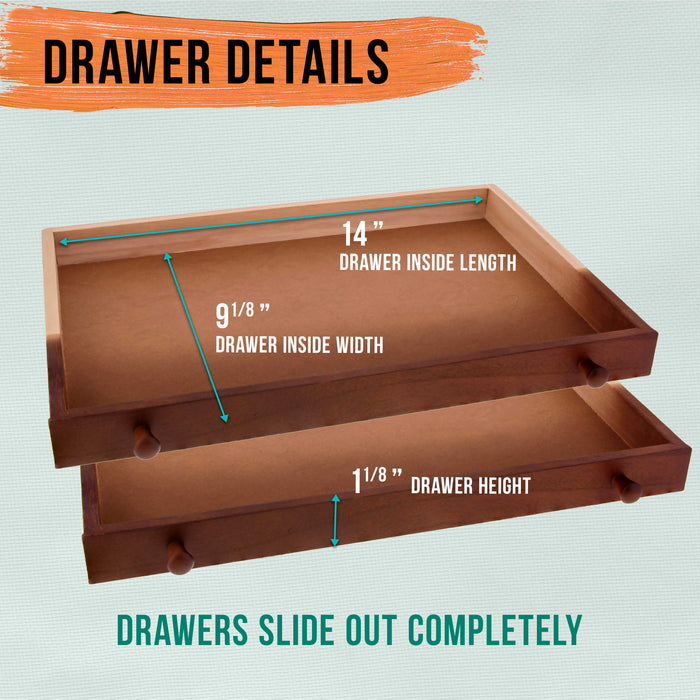 2-Drawer Artist Tool Supply Box with Locking Clasps & Fold-Up Drawing Easel - Walnut Color Art Box for Artist Supplies, Brushes, Pencils, Erasers, Tool Storage Organizer Case