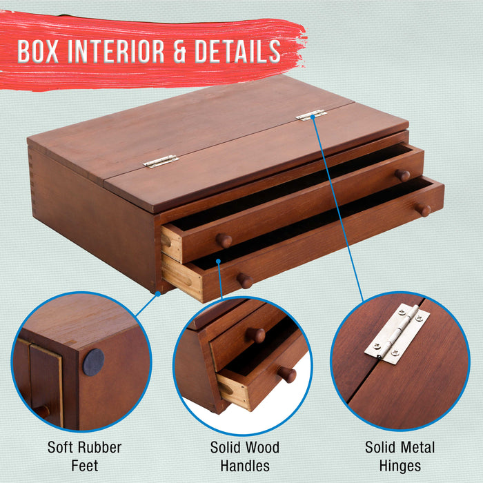 Walnut Color 2-Drawer Wooden Storage Box with Fold-Up Adjustable Top Drawing Easel - Hand-Sanded Beechwood, Metal Locking Clasps - Instant Drawing Board, Ideal for Various Art Supplies
