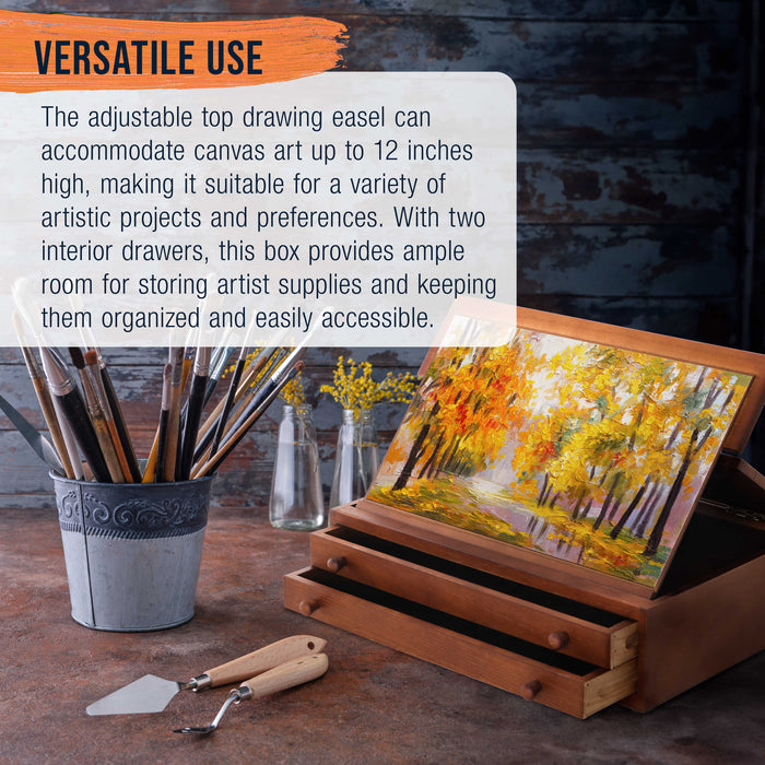 Walnut Color 2-Drawer Wooden Storage Box with Fold-Up Adjustable Top Drawing Easel - Hand-Sanded Beechwood, Metal Locking Clasps - Instant Drawing Board, Ideal for Various Art Supplies
