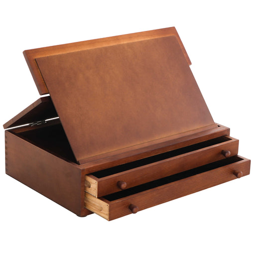 Walnut Color 2-Drawer Wooden Storage Box with Fold-Up Adjustable Top Drawing Easel - Hand-Sanded Beechwood, Metal Locking Clasps - Instant Drawing Board, Ideal for Various Art Supplies