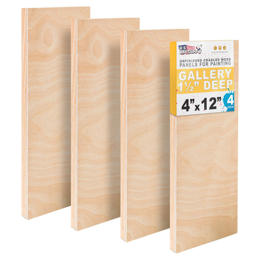 4" x 12" Unfinished Cradled Wood Panels for Painting, Gallery 1-1/2" Deep (4 Pack) - Artist Depth Wooden Wall Canvases - Mixed-Media Craft, Acrylic, Oil, Encaustic, Paint Pouring