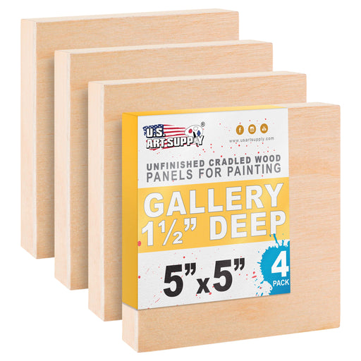5" x 5" Unfinished Cradled Wood Panels for Painting, Gallery 1-1/2" Deep (4 Pack) - Artist Depth Wooden Wall Canvases - Mixed-Media Craft, Acrylic, Oil, Encaustic, Paint Pouring
