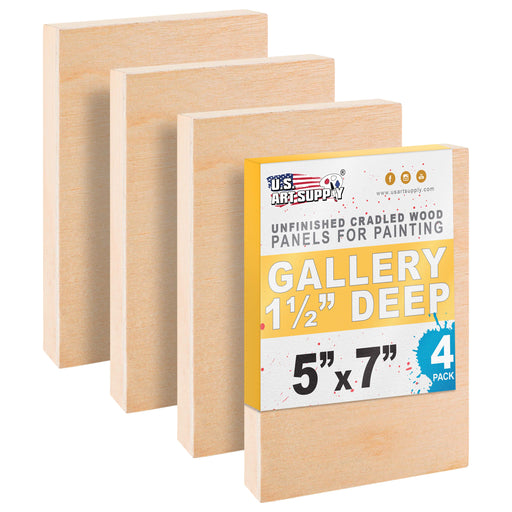 5" x 7" Unfinished Cradled Wood Panels for Painting, Gallery 1-1/2" Deep (4 Pack) - Artist Depth Wooden Wall Canvases - Mixed-Media Craft, Acrylic, Oil, Encaustic, Paint Pouring