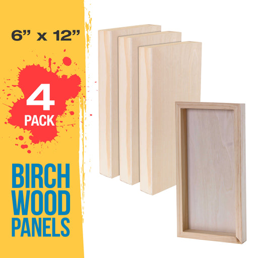 6" x 12" Birch Wood Paint Pouring Panel Boards, Gallery 1-1/2" Deep Cradle (4 Pack) - Artist Depth Wooden Wall Canvases - Painting, Acrylic, Oil