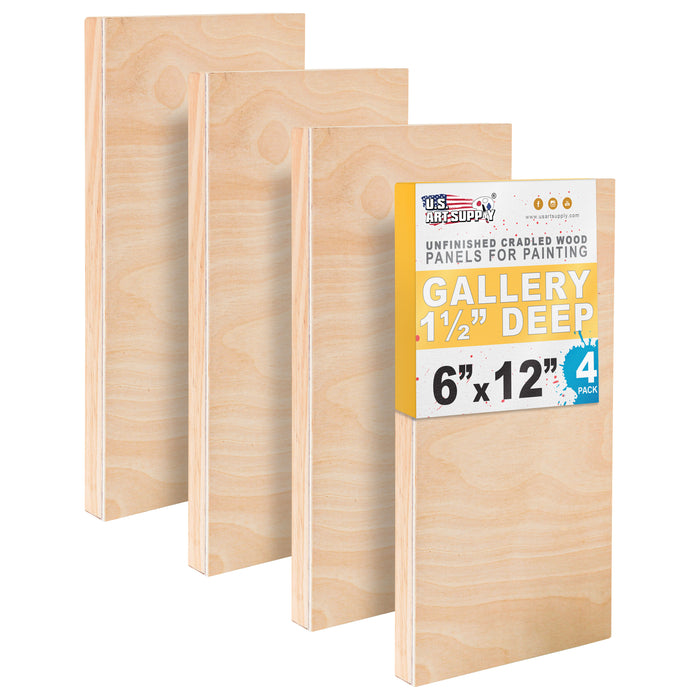 6" x 12" Unfinished Cradled Wood Panels for Painting, Gallery 1-1/2" Deep (4 Pack) - Artist Depth Wooden Wall Canvases - Mixed-Media Craft, Acrylic, Oil, Encaustic, Paint Pouring