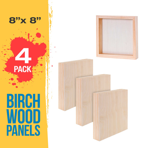 8" x 8" Birch Wood Paint Pouring Panel Boards, Gallery 1-1/2" Deep Cradle (4 Pack) - Artist Depth Wooden Wall Canvases - Painting, Acrylic, Oil