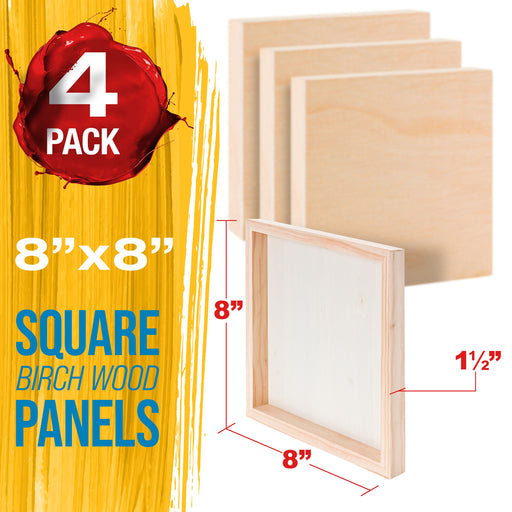 6" x 6" Unfinished Cradled Wood Panels for Painting, Gallery 1-1/2" Deep (4 Pack) - Artist Depth Wooden Wall Canvases - Mixed-Media Craft, Acrylic, Oil, Encaustic, Paint Pouring