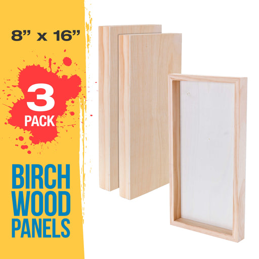 8" x 16" Birch Wood Paint Pouring Panel Boards, Gallery 1-1/2" Deep Cradle (3 Pack) - Artist Depth Wooden Wall Canvases - Painting, Acrylic, Oil