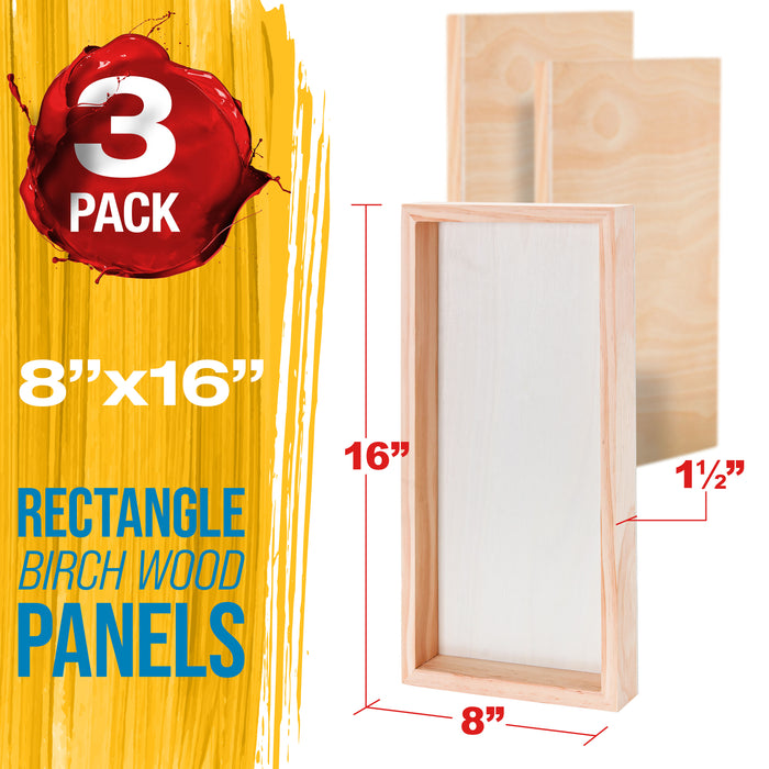 Unfinished Birch Wood Canvas Panels for Painting, 3 Pack of 8x16 inch - Artist Gallery 1-1/2" Deep, Wooden Wall - Mixed-Media Craft, Acrylic, Oil, Encaustic, Paint Pouring