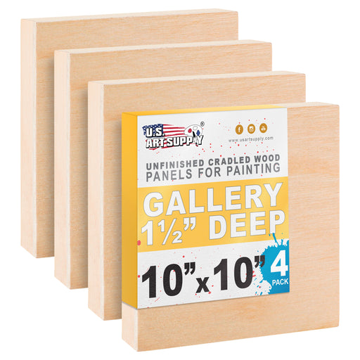Unfinished Cradled Wood Panels for Painting, 4 Pack of 10x10 inch - Gallery Birch Wooden Canvas Boards 1-1/2" Deep - Mixed-Media Craft, Acrylic, Oil, Encaustic, Paint Pouring