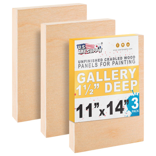 Unfinished Cradled Wood Panels for Painting, 3 Pack of 11x14 inch - Gallery Birch Wooden Canvas Boards 1-1/2" Deep - Mixed-Media Craft, Acrylic, Oil, Encaustic, Paint Pouring
