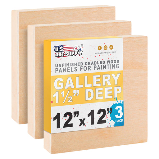 Unfinished Cradled Wood Panels for Painting, 3 Pack of 12x12 inch - Gallery Birch Wooden Canvas Boards 1-1/2" Deep - Mixed-Media Craft, Acrylic, Oil, Encaustic, Paint Pouring
