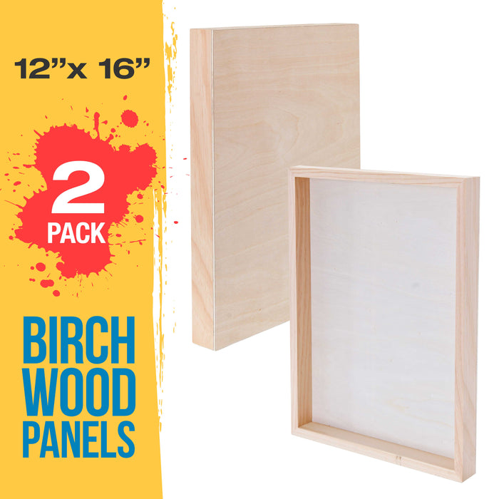 12" x 16" Birch Wood Paint Pouring Panel Boards, Gallery 1-1/2" Deep Cradle (2 Pack) - Artist Depth Wooden Wall Canvases - Painting, Acrylic, Oil