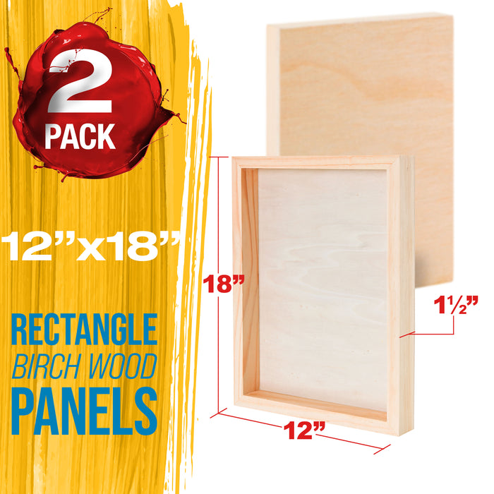Unfinished Cradled Wood Panels for Painting, 2 Pack of 12x18 inch - Gallery Birch Wooden Canvas Boards 1-1/2" Deep - Mixed-Media Craft, Acrylic, Oil, Encaustic, Paint Pouring