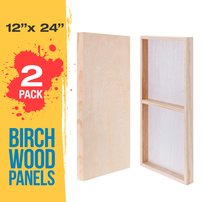 12" x 24" Birch Wood Paint Pouring Panel Boards, Gallery 1-1/2" Deep Cradle (2 Pack) - Artist Depth Wooden Wall Canvases - Painting, Acrylic, Oil