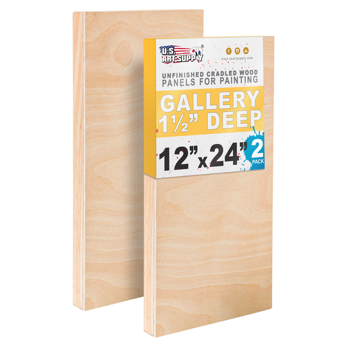 Unfinished Cradled Wood Panels for Painting, 2 Pack of 12x24 inch - Gallery Birch Wooden Canvas Boards 1-1/2" Deep - Mixed-Media Craft, Acrylic, Oil, Encaustic, Paint Pouring