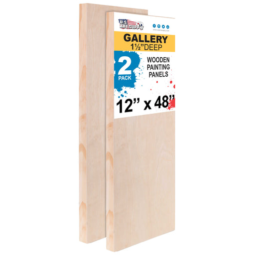 12" x 48" Birch Wood Paint Pouring Panel Boards, Gallery 1-1/2" Deep Cradle (2 Pack) - Artist Depth Wooden Wall Canvases - Painting, Acrylic, Oil