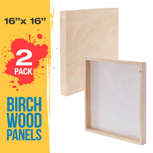 16" x 16" Birch Wood Paint Pouring Panel Boards, Gallery 1-1/2" Deep Cradle (2 Pack) - Artist Depth Wooden Wall Canvases - Painting, Acrylic, Oil