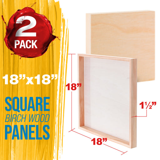 Unfinished Cradled Wood Panels for Painting, 2 Pack of 18x18 inch - Gallery Birch Wooden Canvas Boards 1-1/2" Deep - Mixed-Media Craft, Acrylic, Oil, Encaustic, Paint Pouring
