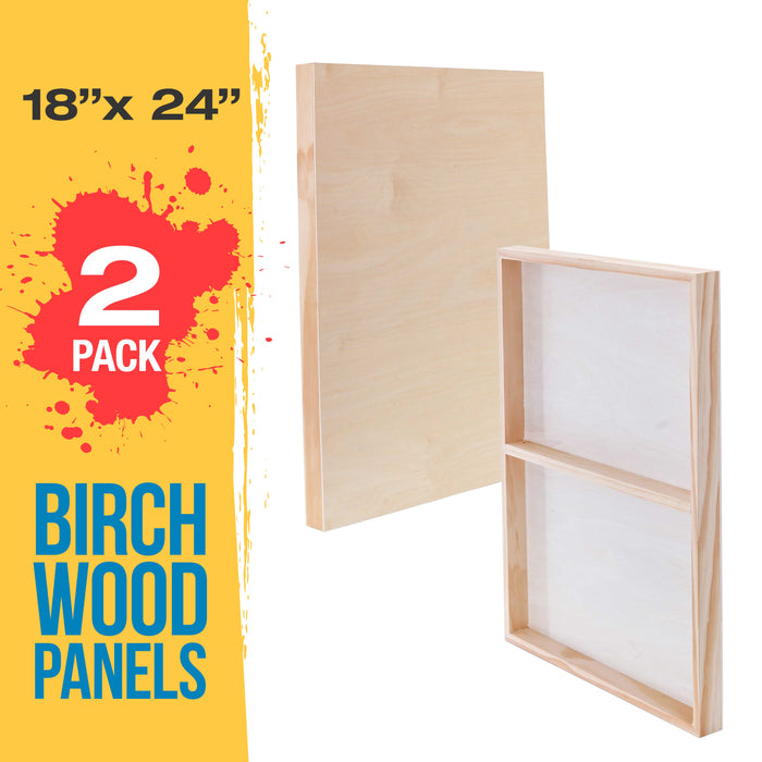 18" x 24" Birch Wood Paint Pouring Panel Boards, Gallery 1-1/2" Deep Cradle (2 Pack) - Artist Depth Wooden Wall Canvases - Painting, Acrylic, Oil