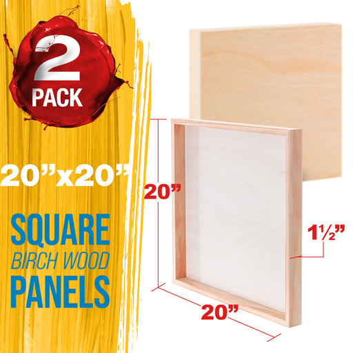 Unfinished Cradled Wood Panels for Painting, 2 Pack of 20x20 inch - Gallery Birch Wooden Canvas Boards 1-1/2" Deep - Mixed-Media Craft, Acrylic, Oil, Encaustic, Paint Pouring
